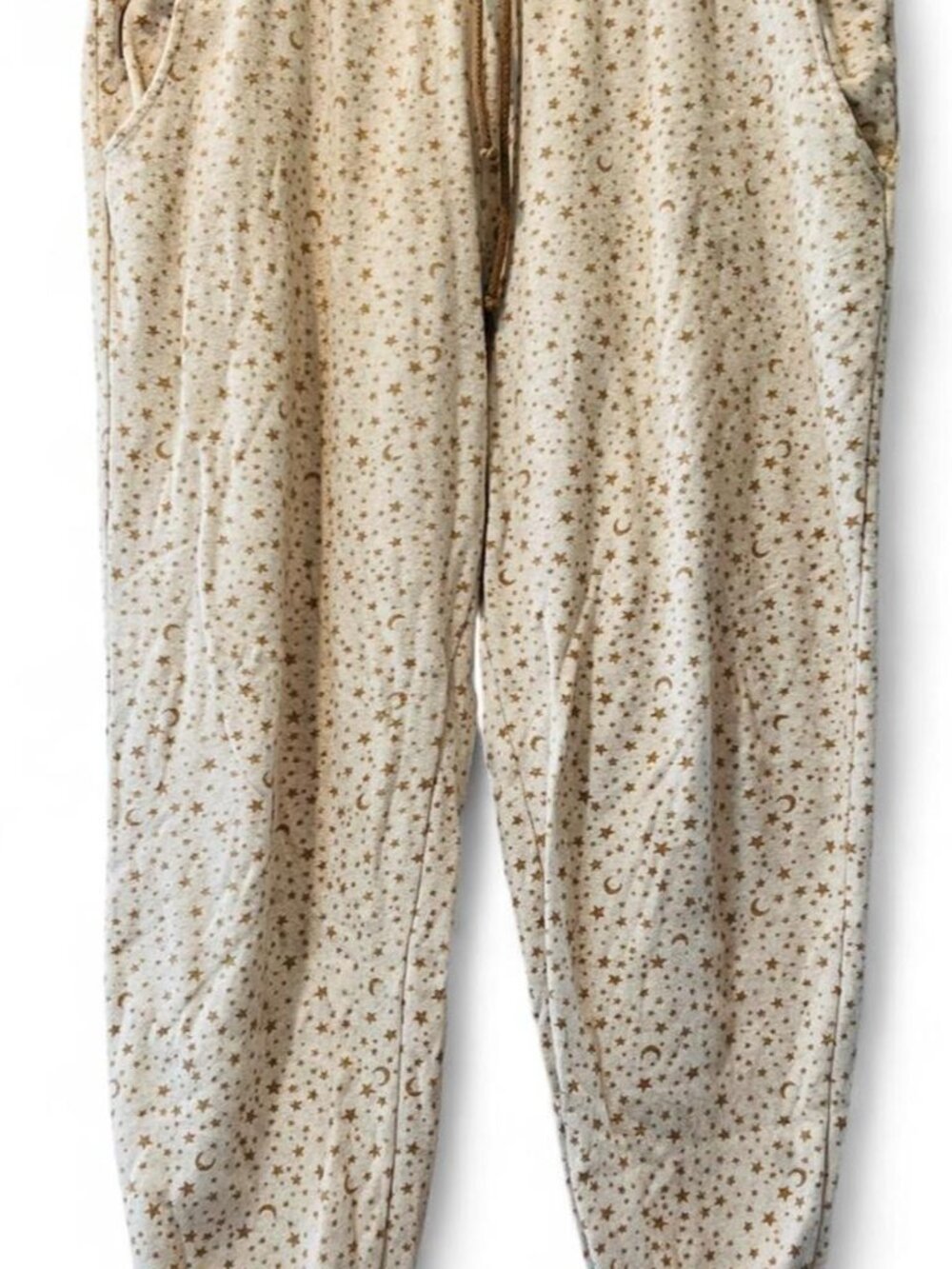 tan star print sweatpants with small brown stars, size xL